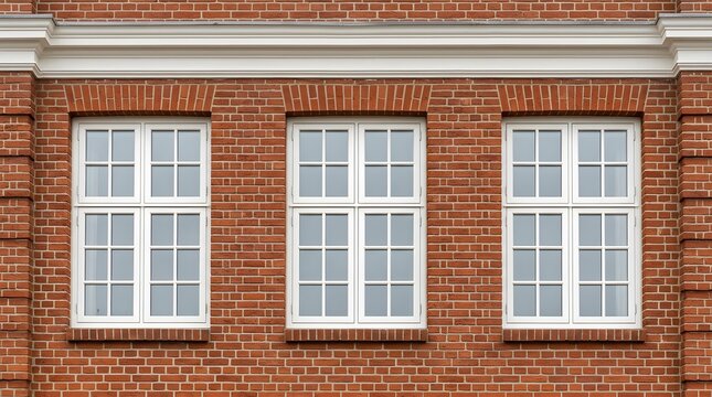 Three white-framed windows on a vintage red brick building facade