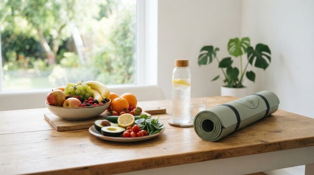 A wooden table with a green yoga mat, a bowl of fruits, and a bottle of water on it.