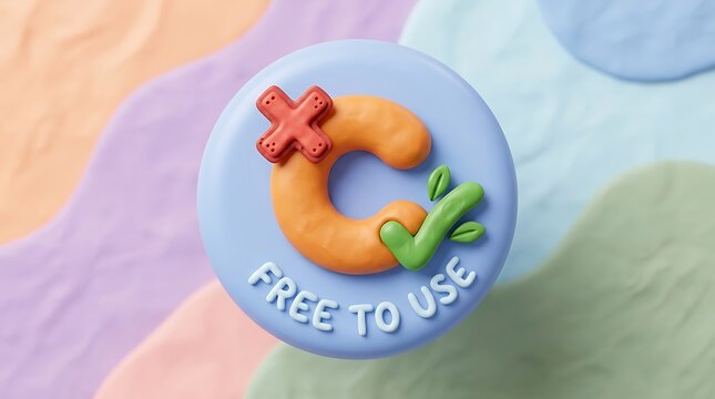 3D letter C icon copyright with red cross and green check mark and free to use text on pastel background