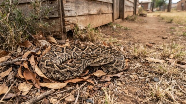 Diamondback Rattlesnake Coiled in Rustic Setting: A close-up view of a venomous diamondback rattlesnake coiled amongst dry leaves and twigs near a weathered wooden structure.