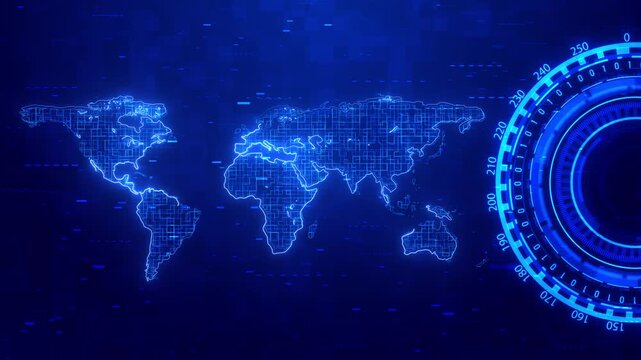 A neon azure world map appears dial binary interface elements. Strong connectivity, satellite communication, internet infrastructure, financial technology, logistics, surveillance, future innovation.