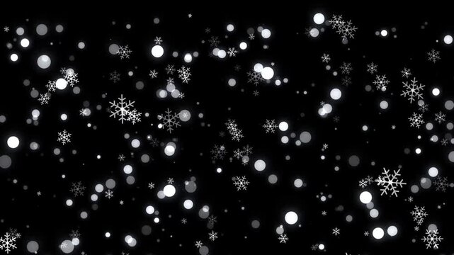 Falling snowflakes animation background with glowing bokeh bokeh lights overlay for winter seasonal video background