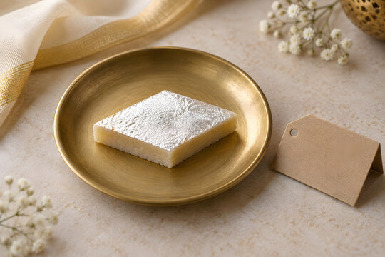 Single Diwali sweet on a brass saucer