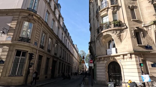 Historic Parisian architecture viewed from street level with traffic lights and pedestrian crossing.