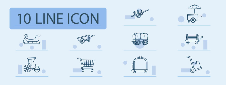 Wheelbarrow set icon. Sleigh, garden cart, street vendor trolley, covered wagon, utility trailer, vintage bicycle, shopping basket, luggage carrier, hand truck, transportation, logistics, hauling