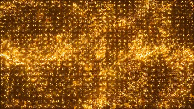 Digital data flow and network connectivity concept abstract golden particles moving in a stream technology background.