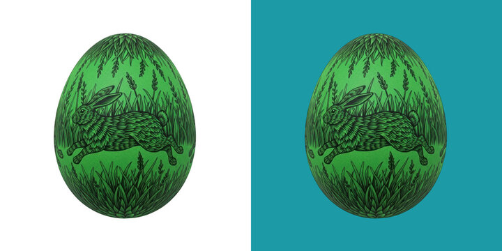Green Easter Egg with Engraved Rabbit Design Element transparent png