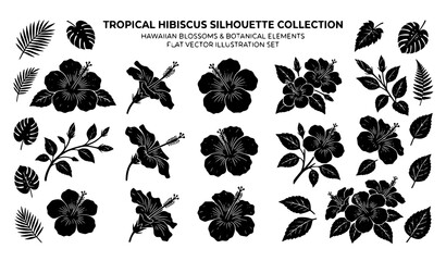 Tropical Hibiscus Silhouette Collection with Hawaiian Blossom Leaf and Botanical Element Flat Vector Illustration Set © MdRimon