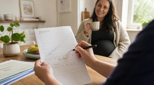 Midwife plotting pregnancy progress on growth chart
