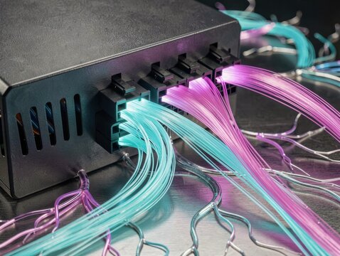 Fiber optic communication box emitting glowing pink and blue light