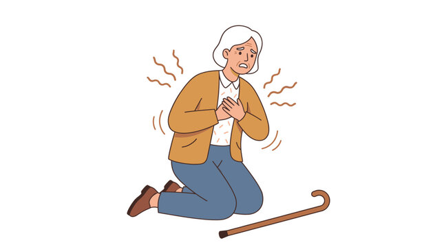 Heart Attack Pain Emergency Senior Elderly Chest Fallen Cane Patient Sick Floor Medical Health Vector Illustration
