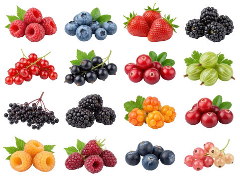 A Medley of Berries: A vibrant assortment of fresh berries, including raspberries, blueberries, strawberries, blackberries, cranberries, gooseberries, currants, elderberries, and cloudberries.