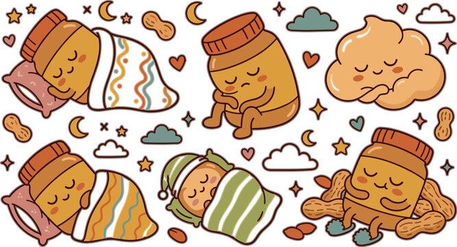 Cute Cartoon Peanut Butter Jar Emoji Clipart Vector Set Featuring Adorable Sleeping Characters Bedtime Blankets and Night Sky Elements Isolated on White Background