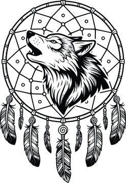 Wolf head inside dreamcatcher design isolated on white background, Vector, illustration