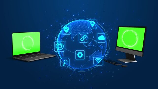 Globe connects laptop desktop computer cloud, security, search, wireless access, links, settings, location. Two green screens allow custom content for global business, internet services technology.