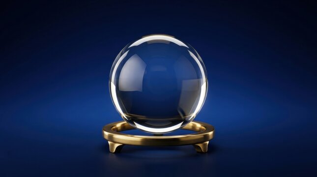 Clear crystal ball on a gold stand against a dark blue background representing magic and fortune telling