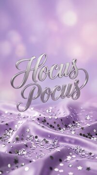 Hocus pocus text with silver lettering and purple glitter background for halloween party celebration and magic theme