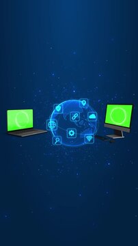 Digital world sphere floats devices chroma screens symbols. cloud computing, work, cybersecurity, online platforms, connected offices, global data exchange, software services, network presentations.