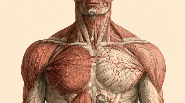 Scientific illustration of the human muscular system highlighting areas affected by Pompe disease, fine engraved linework, vintage anatomical textbook aesthetic