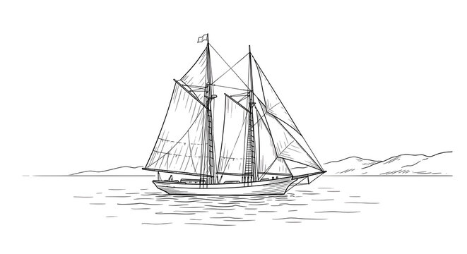 Detailed black and white hand drawn ink sketch illustration of a classic two-masted sailing schooner vessel navigating calm ocean waters near distant hills.