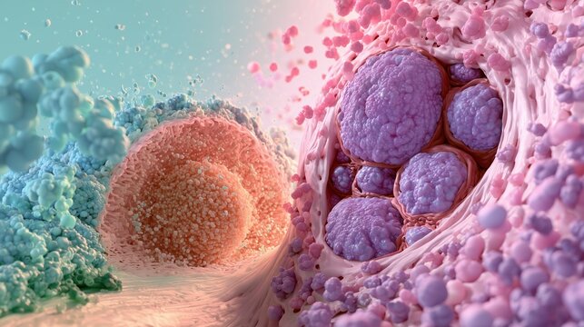 Scientific split-screen cross-section illustration, left side a healthy muscle cell with normal glycogen levels, right side a Pompe disease affected muscle cell with enlarged glycogen-filled lysosomes
