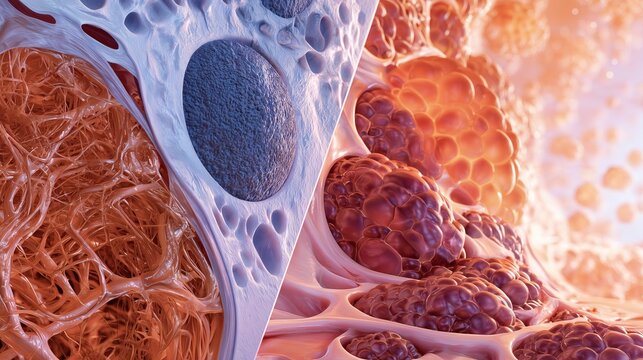 Scientific split-screen cross-section illustration, left side a healthy muscle cell with normal glycogen levels, right side a Pompe disease affected muscle cell with enlarged glycogen-filled lysosomes