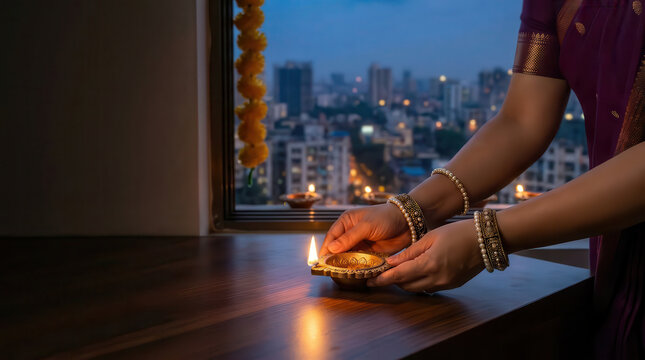 Diwali celebration at home with an Indian woman placing a glowing oil lamp on a wooden surface, city lights visible through the window, creating a festive atmosphere of tradition, hope and light