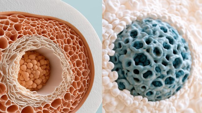 Scientific split-screen cross-section illustration, left side a healthy muscle cell with normal glycogen levels, right side a Pompe disease affected muscle cell with enlarged glycogen-filled lysosomes