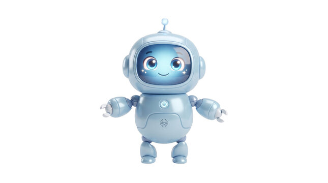 Cute blue robot character with friendly face, futuristic toy android for technology and education, 3D render of a small robotic assistant on white background