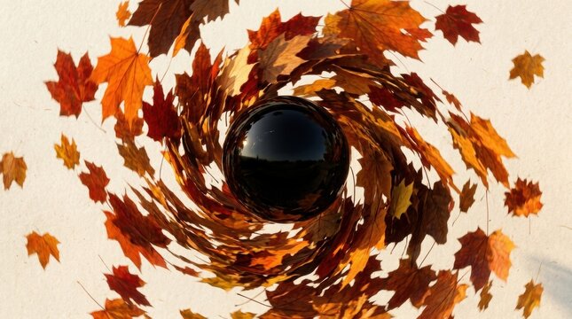 Colorful autumn maple leaves swirling in a circle around a shiny black sphere in a dynamic vortex movement