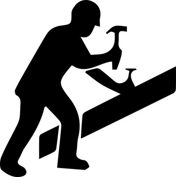 Black construction worker silhouette using hammer on roof for home repair project.