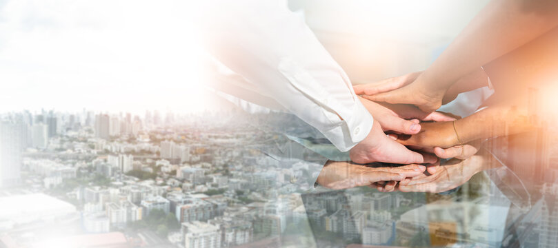 Panoramic Teamwork,empathy,partnership and Social connection in business join hand together concept.Hand of diverse people connecting.Power of volunteer charity work,Stack of people hand.