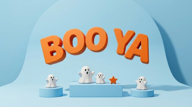 Cute little ghost figures with orange boo ya text on blue podiums for a fun halloween celebration design