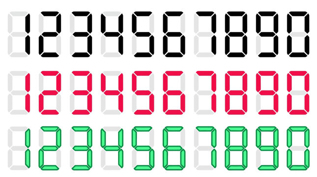 Set of digital seven segment numbers from zero to nine in black red and green colors isolated on white background, perfect for electronic clock interface, digital scoreboard and calculator design