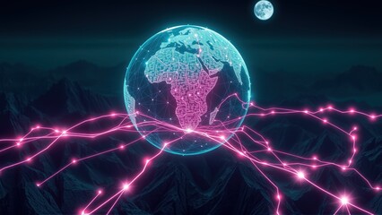 Fototapeta premium Glowing globe sits above landscape. Pink lines connect points, suggesting network or data flow. Moon visible in dark sky.