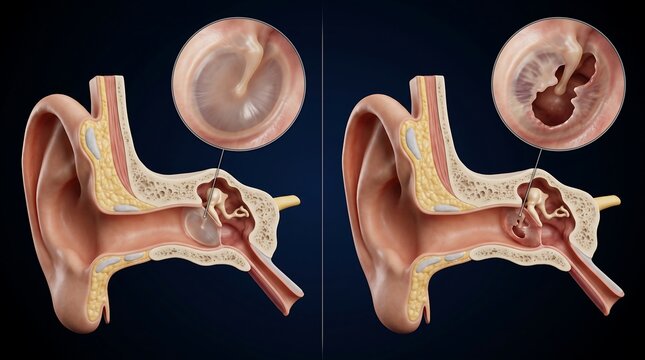 Comparison of healthy human ear anatomy with an ear affected by infection or eardrum damage.