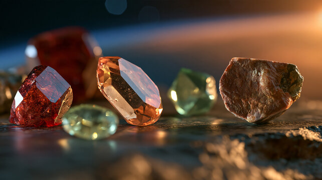 Collection of colorful rare earth minerals including red, orange and green crystals displayed against a blurred planetary horizon background, critical mineral resources, geology