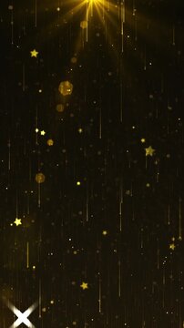 Golden stars, sparkling particles light trails fall background. Festive motion awards, celebrations, luxury events, holidays, weddings, anniversaries, New Year greetings, grand openings, titles.