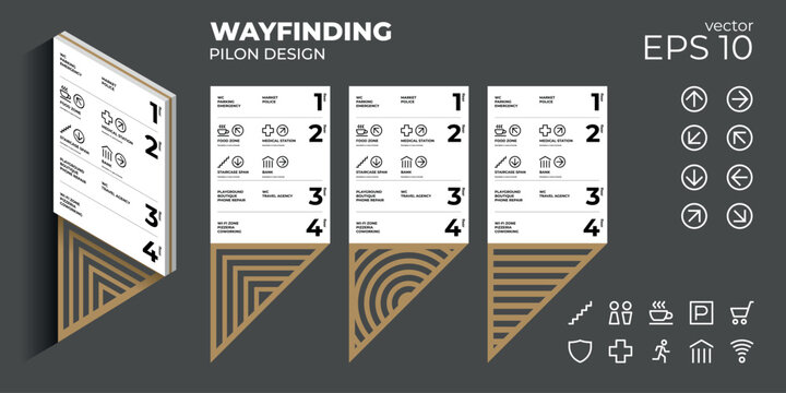 Modern Wayfinding signage Directory Design Vector Set. Editable templates for indoor navigation signage, featuring floor information, public icons (WC, parking, food), arrows, and abstract patterns.