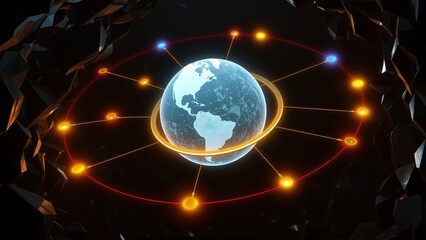 Fototapeta premium Earth surrounded by glowing network connections. Digital world concept, futuristic design, dark background. Global communication system.