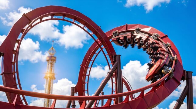Red roller coaster track under bright sunny skies, surrounded by fluffy white clouds, showcasing dramatic curves, steep twists, exciting amusement park adventure etc