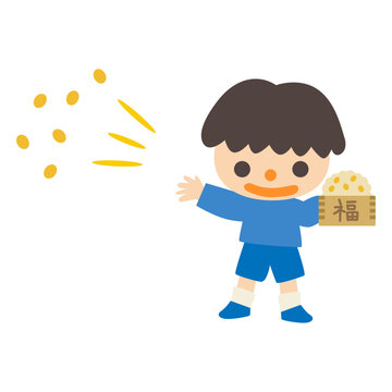 節分　豆まきをする男の子　ベクターイラスト