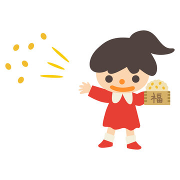 節分　豆まきをする女の子　ベクターイラスト