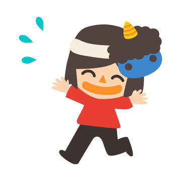 節分　青鬼のお面を被った女性　ベクターイラスト