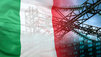 Italy's power utility business growth and electrical grid infrastructure investment, featuring high-voltage electrical lines and transmission towers over financial data spreadsheets © le