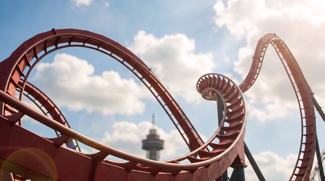 Red roller coaster track under bright sunny skies, surrounded by fluffy white clouds, showcasing dramatic curves, steep twists, exciting amusement park adventure etc