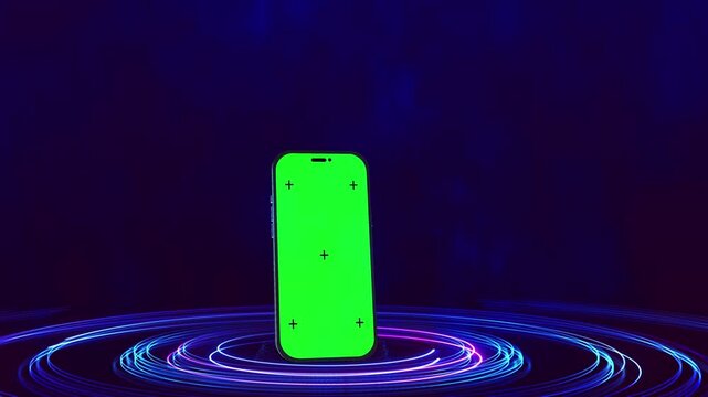 Smartphone bright green chroma display rings in a dark purple studio. mobile app demos, interface replacement, website promotion, social campaigns, device advertising, fintech, gaming, and technology.