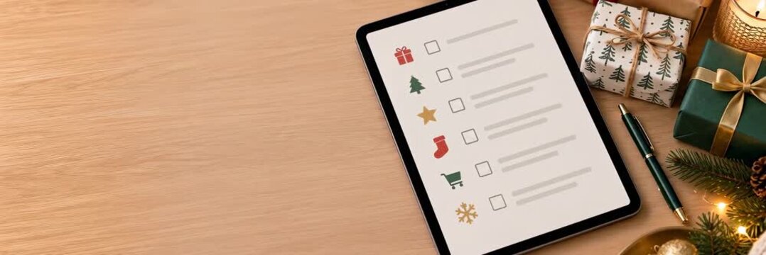 Christmas gift checklist on tablet, wide website banner with copy space