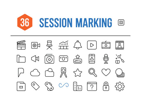 Take Marker Recording Session Marking Web Icon Set in Linear Style. Collection of Scene Marking line icons, including clapper board, audio waveform, film reel, timer clock, camera lens and more.
