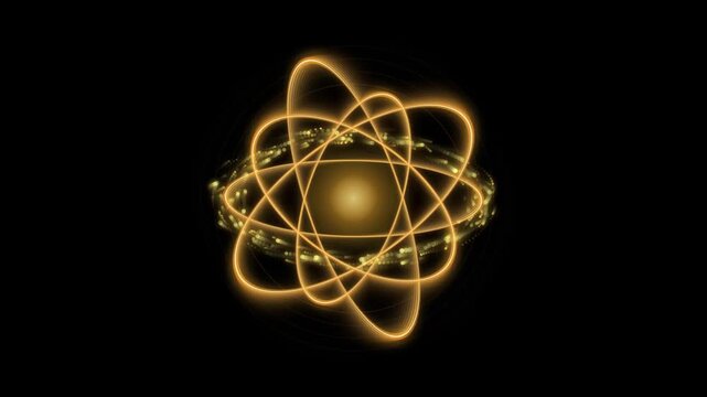 Atom Model with Glowing Gold Orbits Science Illustration